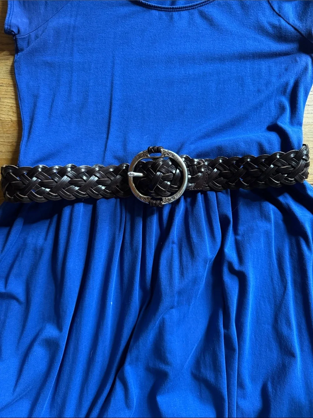 Braided Leather Women’s Belt in Dark Brown with Decorative Silver Buckle